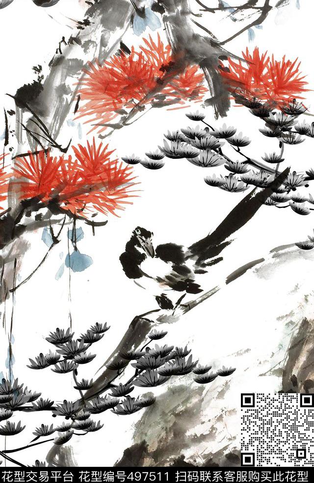 工笔山水意境数码印花花型下载（图片编号: 497511） - 瓦栏（Walan）