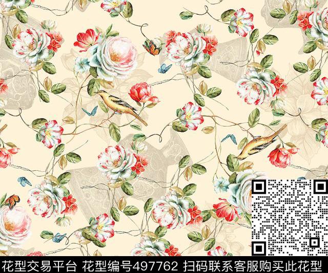 花卉与鸟 - 497762 - 时尚 数码 1色 - 数码印花花型 － 女装花型设计 － 瓦栏