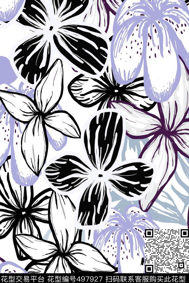 淡雅花卉清新数码印花花型下载（图片编号: 497927） - 瓦栏（Walan）