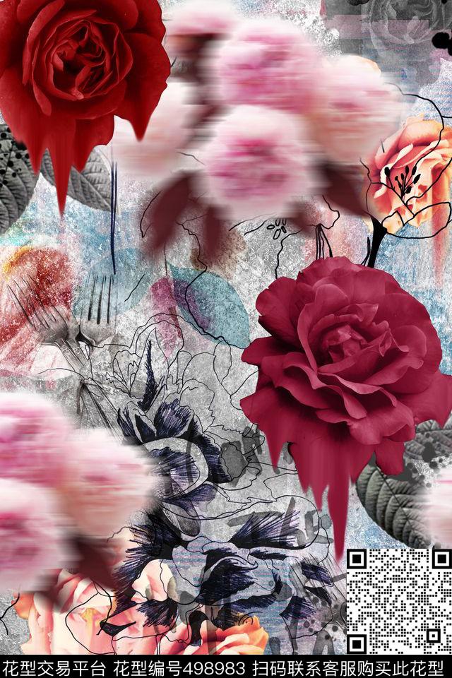 抽象复古花卉女士衬衫春装数码印花花型下载（图片编号: 498983） - 瓦栏（Walan）
