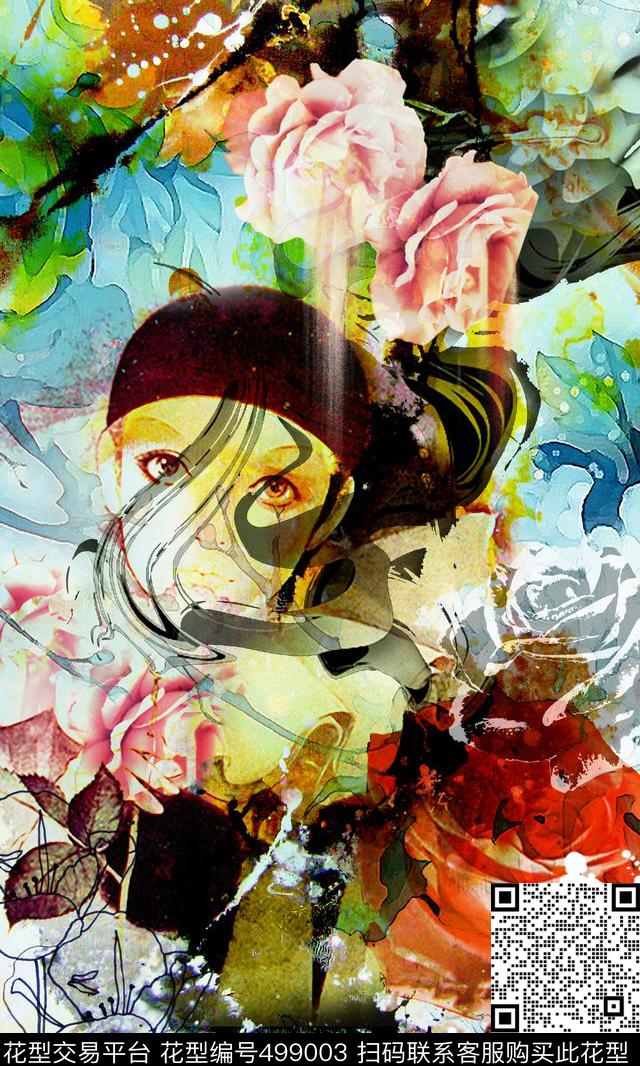 抽象花卉人物画女士衬衫定位T恤数码印花花型下载（图片编号: 499003） - 瓦栏（Walan）
