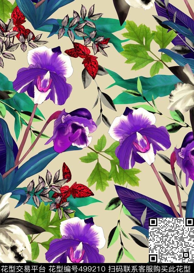秋冬手绘花卉手绘植物数码印花花型下载（图片编号: 499210） - 瓦栏（Walan）