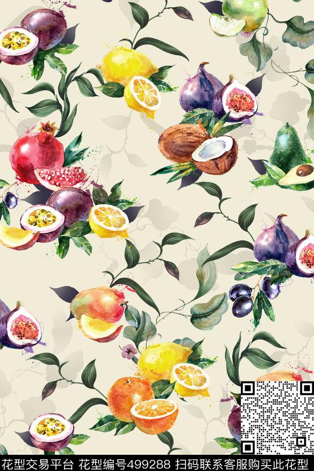 花型设计水果 - 499288 - 手绘 水果 叶子 - 数码印花花型 － 女装花型设计 － 瓦栏