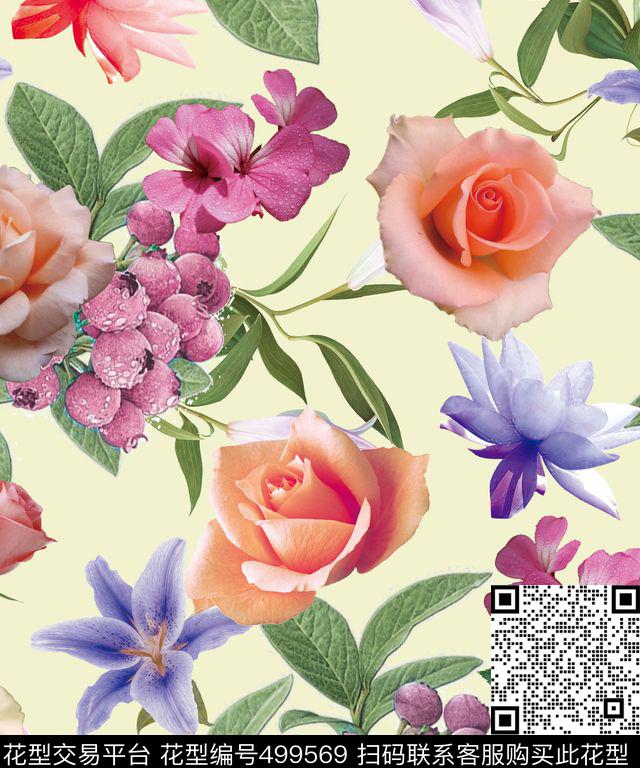 花卉散花纯色底数码印花花型下载（图片编号: 499569） - 瓦栏（Walan）