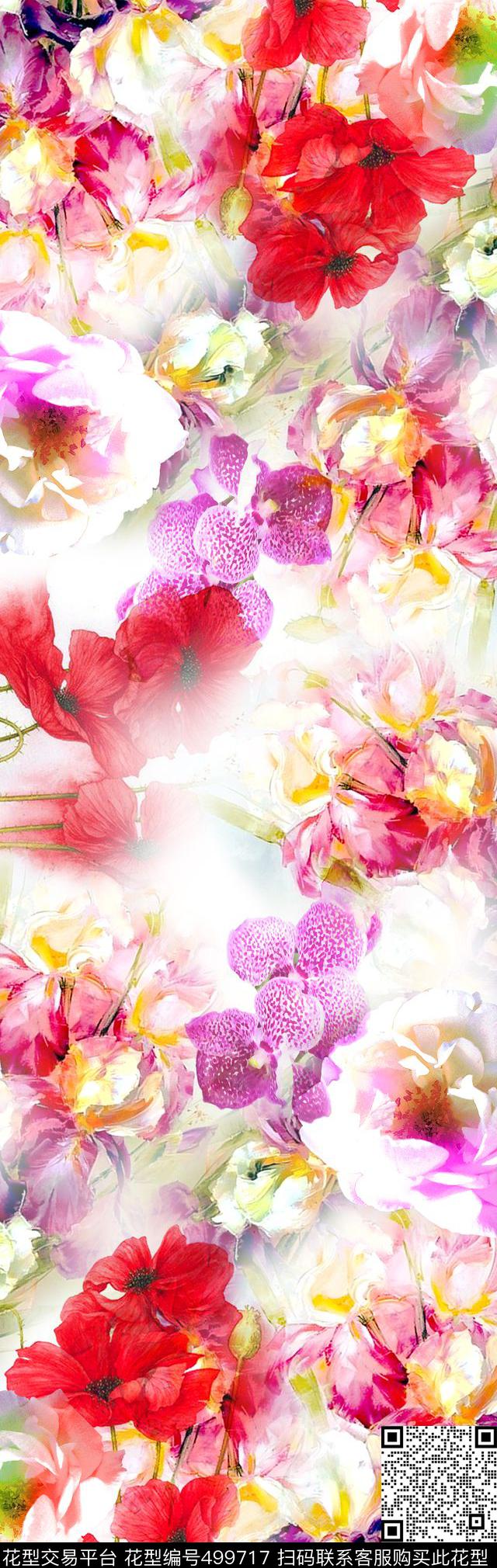 花卉叶子数码定位围巾数码印花花型下载（图片编号: 499717） - 瓦栏（Walan）