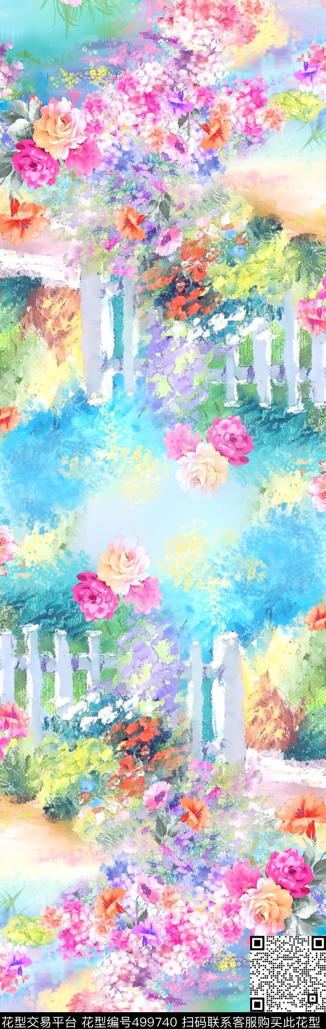 数码定位花卉风景围巾数码印花花型下载（图片编号: 499740） - 瓦栏（Walan）