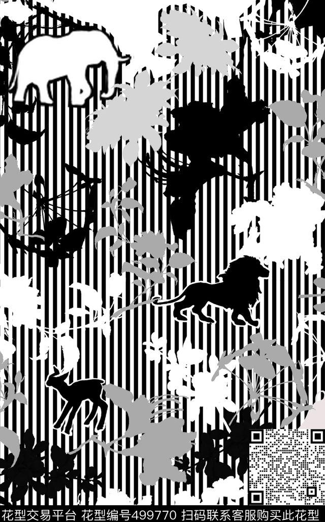 非洲雨林黑白小条纹动物印花 - 499770 - 雨林 条纹动物植物 - 数码印花花型 － 女装花型设计 － 瓦栏