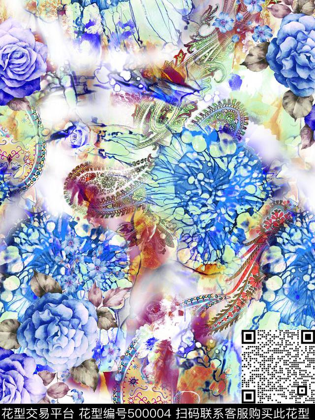 蓝色妖姬 - 500004 - 时尚 数码 1色 - 数码印花花型 － 女装花型设计 － 瓦栏