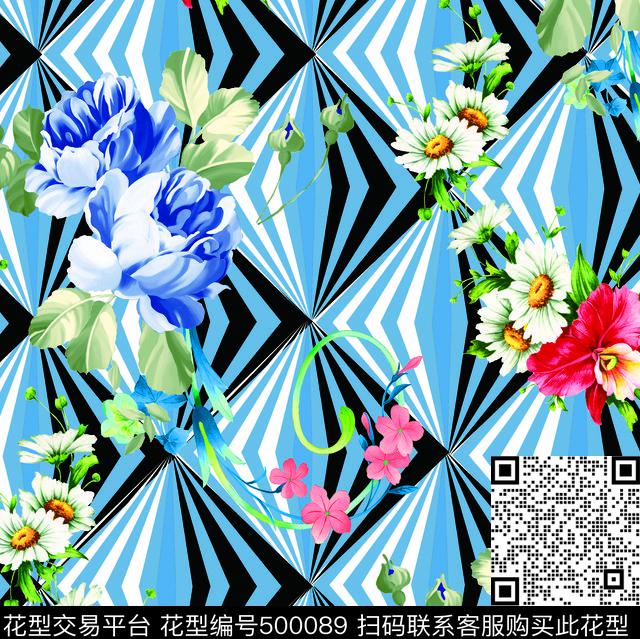 几何和花 - 500089 - 素雅 数码 1色 - 数码印花花型 － 女装花型设计 － 瓦栏