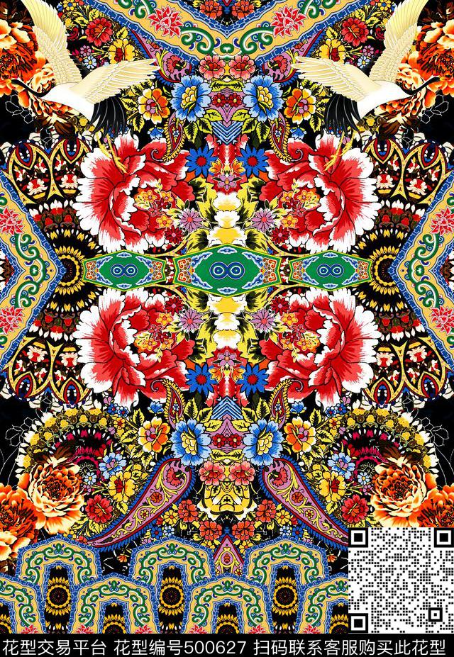 东方牡丹仙鹤传统印花花型下载（图片编号: 500627） - 瓦栏（Walan）