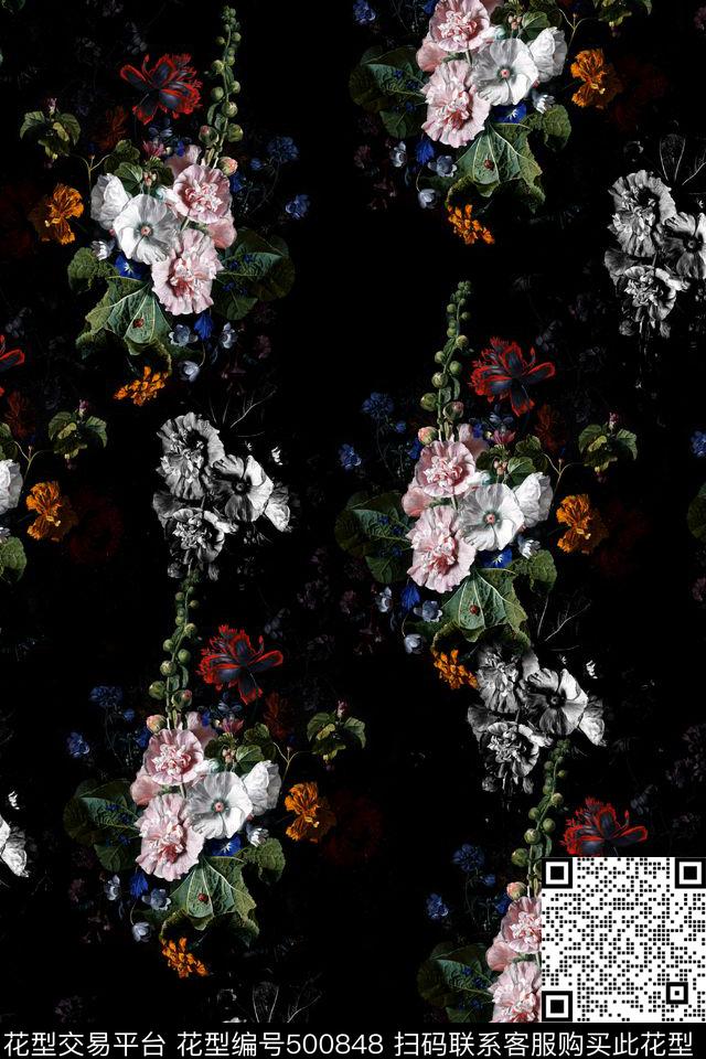 简约黑底油画数码印花花型下载（图片编号: 500848） - 瓦栏（Walan）