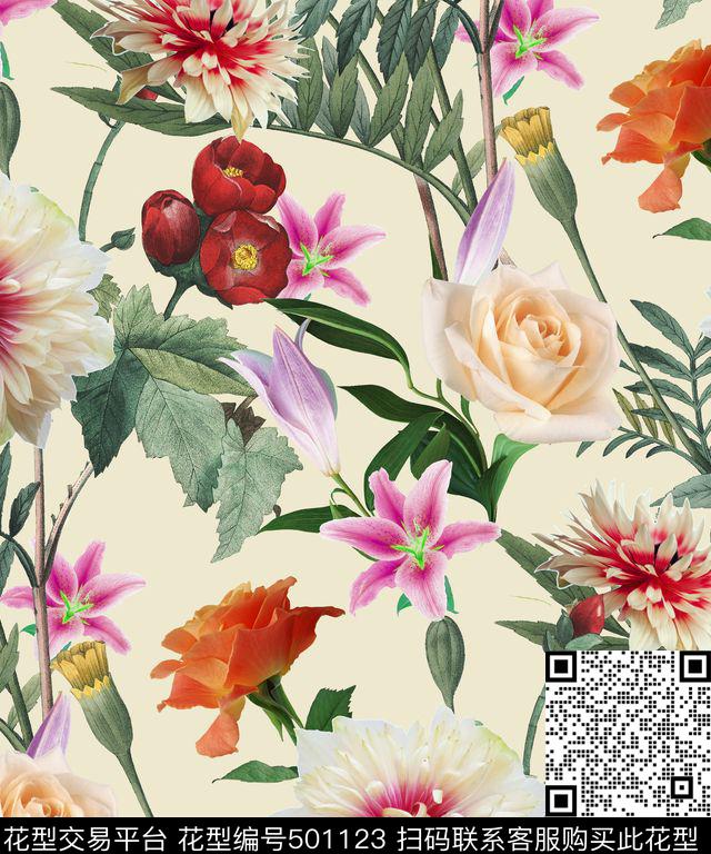 花卉百合散花数码印花花型下载（图片编号: 501123） - 瓦栏（Walan）