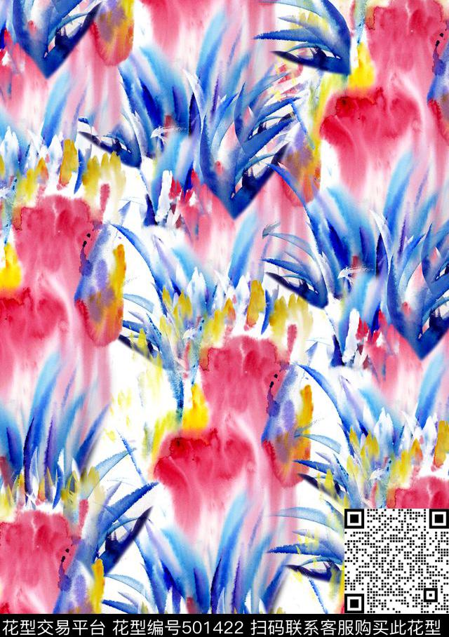 手绘水彩蓝红花卉时尚大牌 - 501422 - 手绘水彩蓝红花卉时尚大牌 - 数码印花花型 － 女装花型设计 － 瓦栏