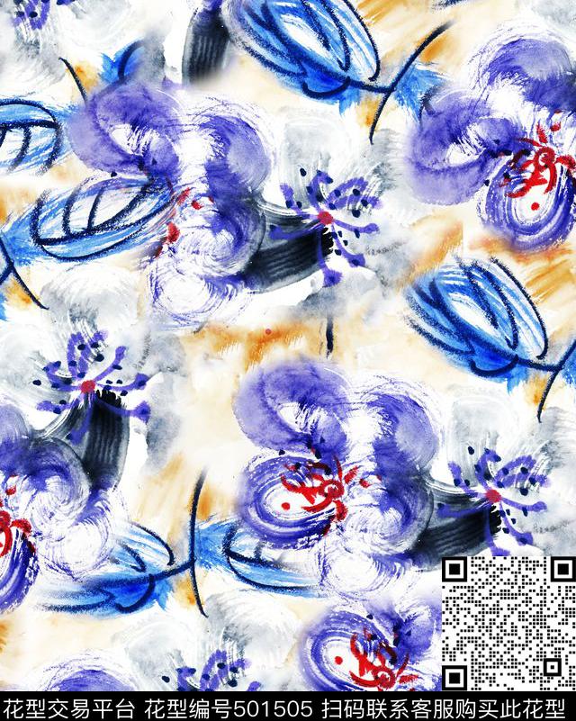 手绘蓝紫色水彩花卉抽象年轻时尚清新自然 - 501505 - 手绘蓝紫色水彩花卉抽象年轻时尚清新自然 抽象 色彩 - 数码印花花型 － 女装花型设计 － 瓦栏