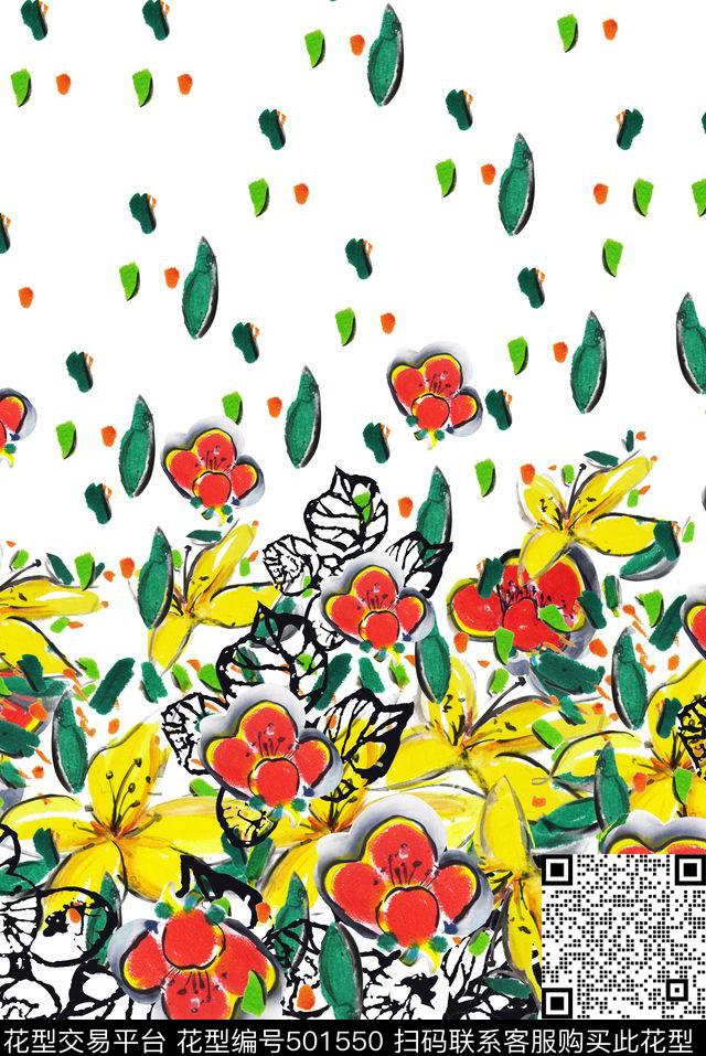 手绘油彩花卉红色黄色蓝色年轻大牌时尚 - 501550 - 手绘油彩花卉红色黄色蓝色年轻大牌时尚 - 数码印花花型 － 女装花型设计 － 瓦栏