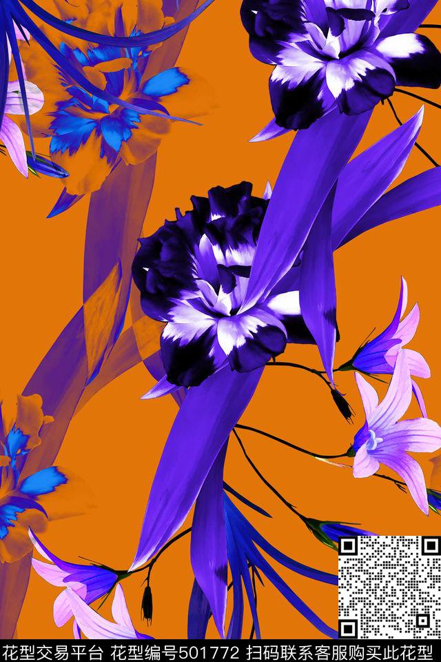 秋冬暖色底大花卉数码印花花型下载（图片编号: 501772） - 瓦栏（Walan）