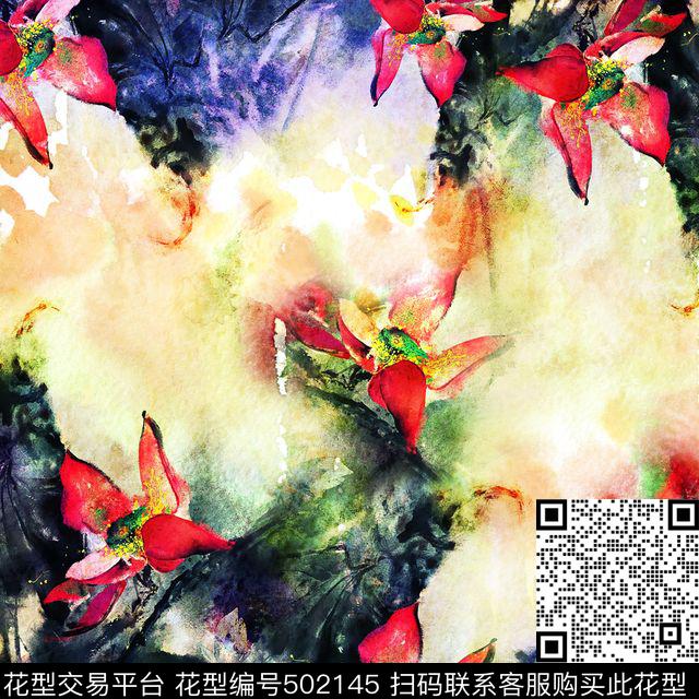 方巾国画荷花数码印花花型下载（图片编号: 502145） - 瓦栏（Walan）