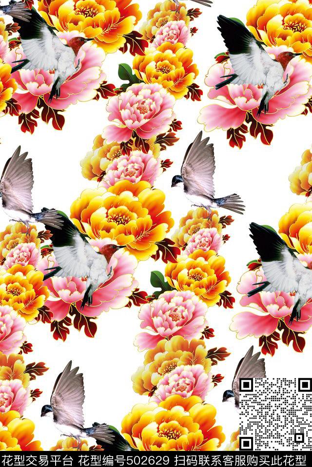 富贵牡丹鸟类数码印花花型下载（图片编号: 502629） - 瓦栏（Walan）