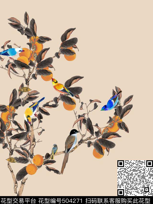 数码定位中国风鸟工笔画花卉数码印花花型下载（图片编号: 504271） - 瓦栏（Walan）