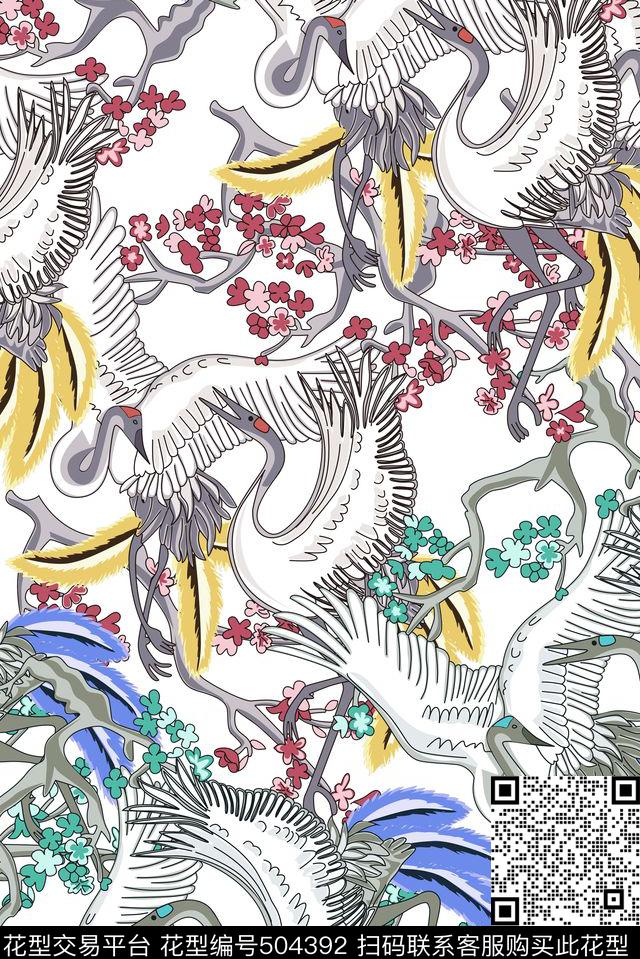梅花时尚仙鹤传统印花花型下载（图片编号: 504392） - 瓦栏（Walan）