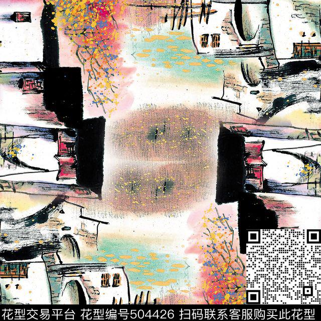 方巾风景古镇数码印花花型下载（图片编号: 504426） - 瓦栏（Walan）