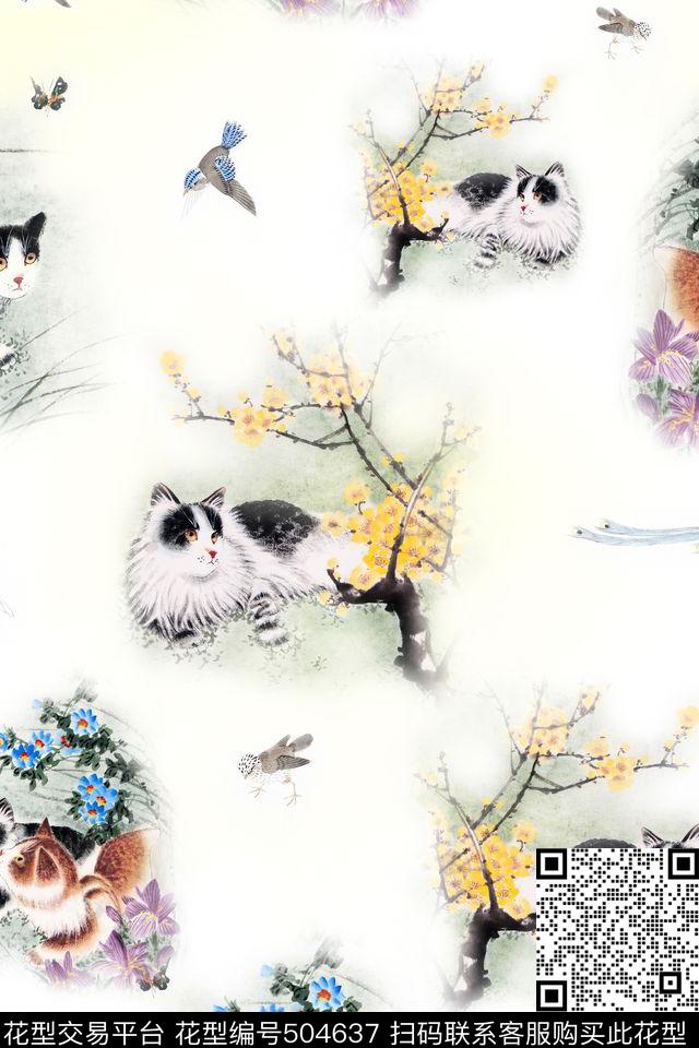 中国风小猫国画花鸟数码印花花型下载（图片编号: 504637） - 瓦栏（Walan）