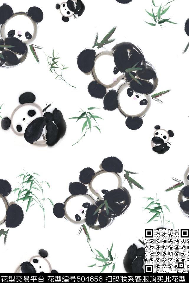 中国风水墨熊猫水墨竹子数码印花花型下载（图片编号: 504656） - 瓦栏（Walan）