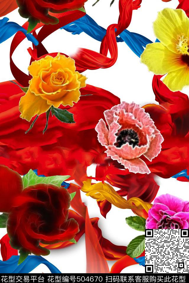 飘逸彩带花卉数码印花花型下载（图片编号: 504670） - 瓦栏（Walan）