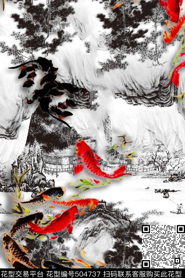 工笔山水水墨数码印花花型下载（图片编号: 504737） - 瓦栏（Walan）