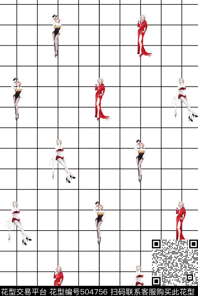 数码印花格子人物玛丽莲梦露卡通数码印花花型下载（图片编号: 504756） - 瓦栏（Walan）