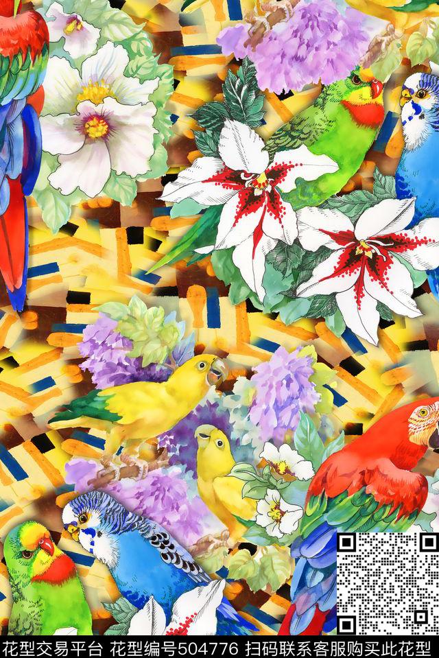 时尚鹦鹉立体感数码印花花型下载（图片编号: 504776） - 瓦栏（Walan）