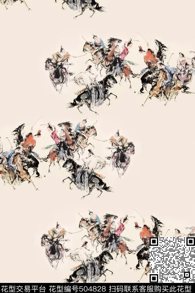 中国风水墨人物数码印花花型下载（图片编号: 504828） - 瓦栏（Walan）