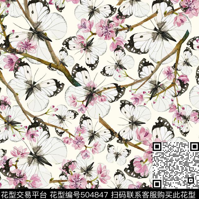 桃花枝蝴蝶植物数码印花花型下载（图片编号: 504847） - 瓦栏（Walan）