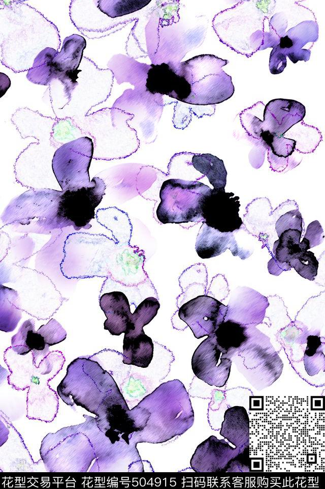 水彩花卉笔触数码印花花型下载（图片编号: 504915） - 瓦栏（Walan）