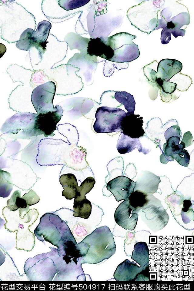 水彩花卉笔触数码印花花型下载（图片编号: 504917） - 瓦栏（Walan）
