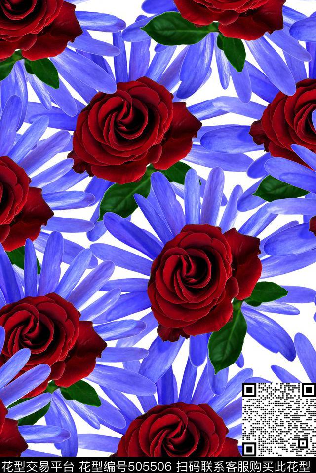 时尚玫瑰菊花数码印花花型下载（图片编号: 505506） - 瓦栏（Walan）