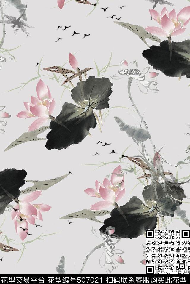 时尚工笔水墨数码印花花型下载（图片编号: 507021） - 瓦栏（Walan）