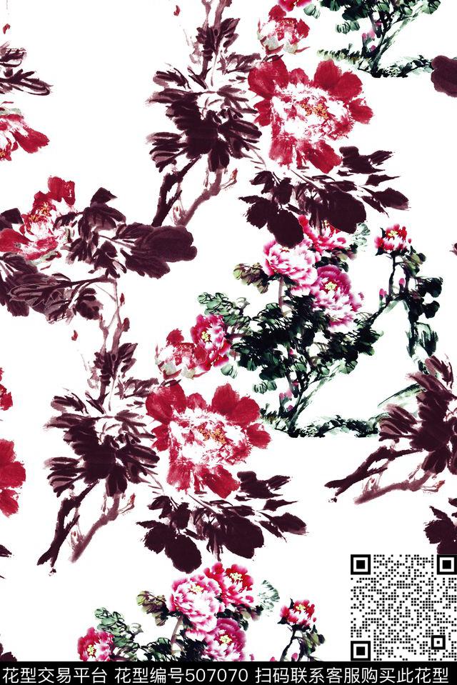 时尚工笔水墨数码印花花型下载（图片编号: 507070） - 瓦栏（Walan）