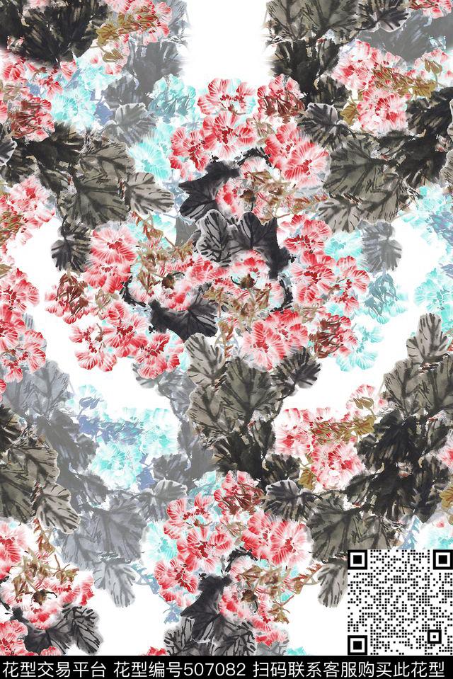 时尚水墨牡丹花卉中国风数码印花花型下载（图片编号: 507082） - 瓦栏（Walan）