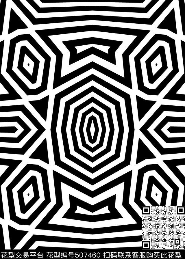 黑白几何条纹传统印花花型下载（图片编号: 507460） - 瓦栏（Walan）