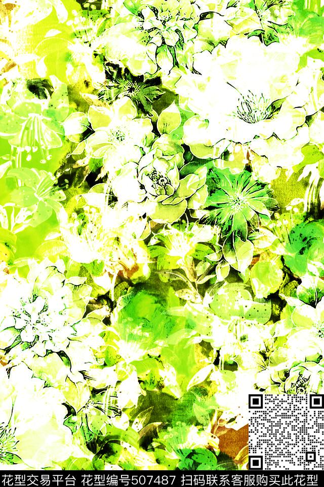 抽象唯美花卉女士夏装连衣裙数码印花花型下载（图片编号: 507487） - 瓦栏（Walan）