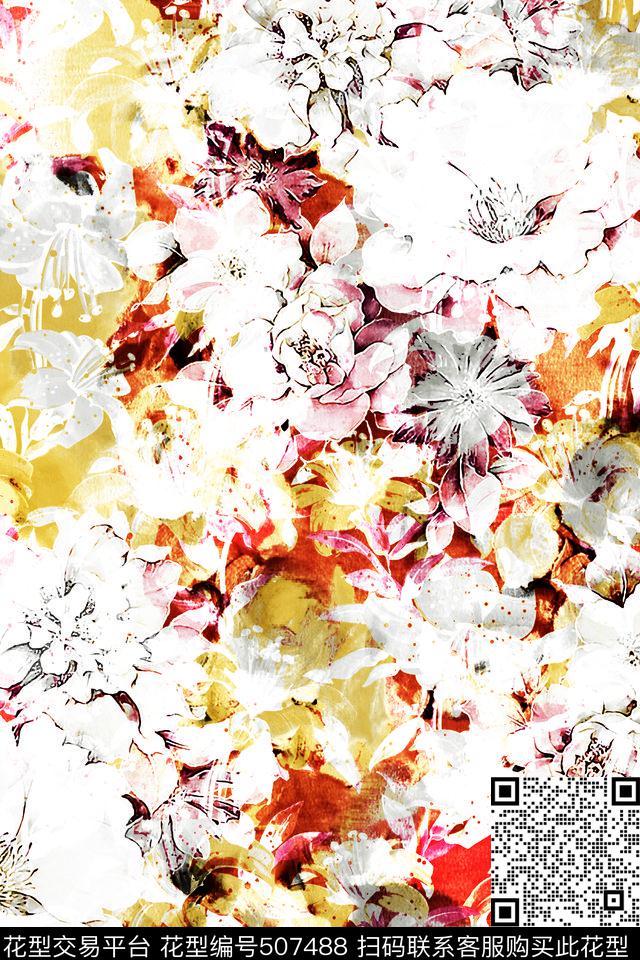 抽象唯美花卉女士夏装连衣裙数码印花花型下载（图片编号: 507488） - 瓦栏（Walan）