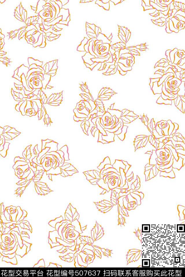 传统印花花卉线条花卉传统印花花型下载（图片编号: 507637） - 瓦栏（Walan）