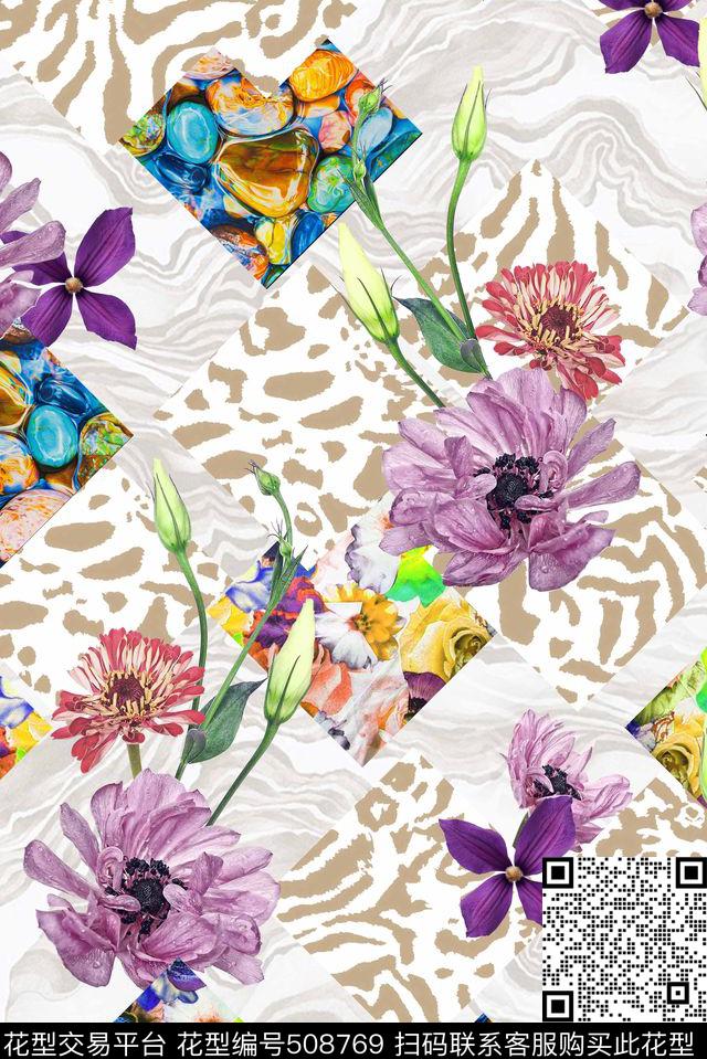 格子豹纹底纹花卉拼接图形组合 - 508769 - 写实 手绘 豹纹 - 数码印花花型 － 女装花型设计 － 瓦栏