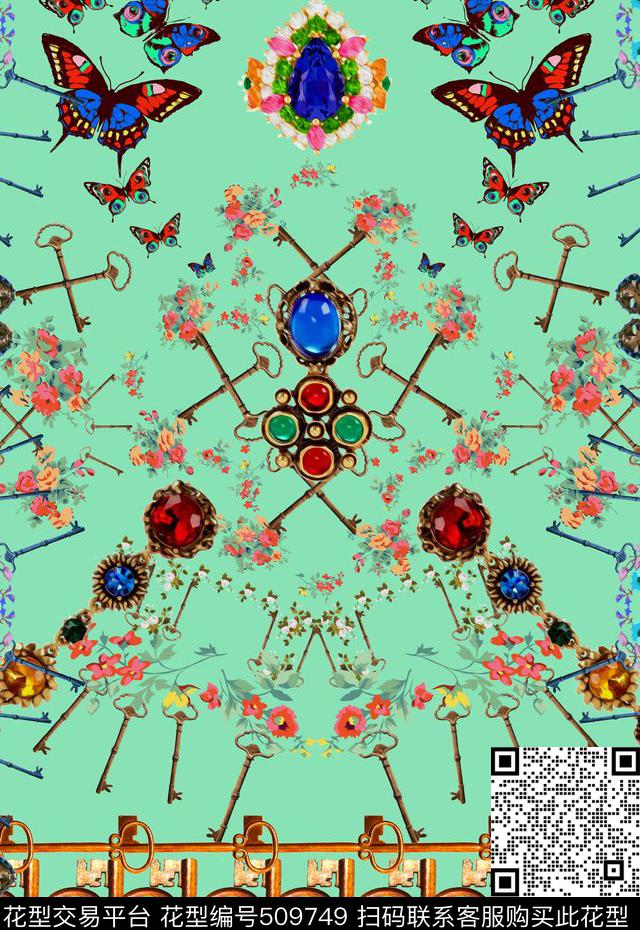 定位裁片复古时尚数码印花花型下载（图片编号: 509749） - 瓦栏（Walan）