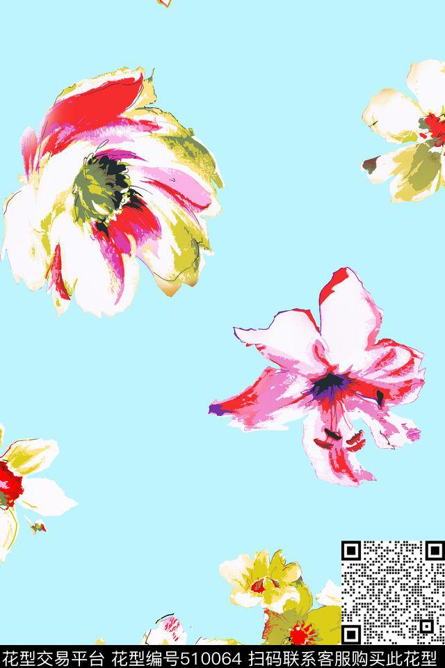 传统印花手绘水彩花卉花卉传统印花花型下载（图片编号: 510064） - 瓦栏（Walan）