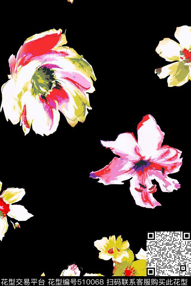 传统印花手绘水彩花卉花卉传统印花花型下载（图片编号: 510068） - 瓦栏（Walan）