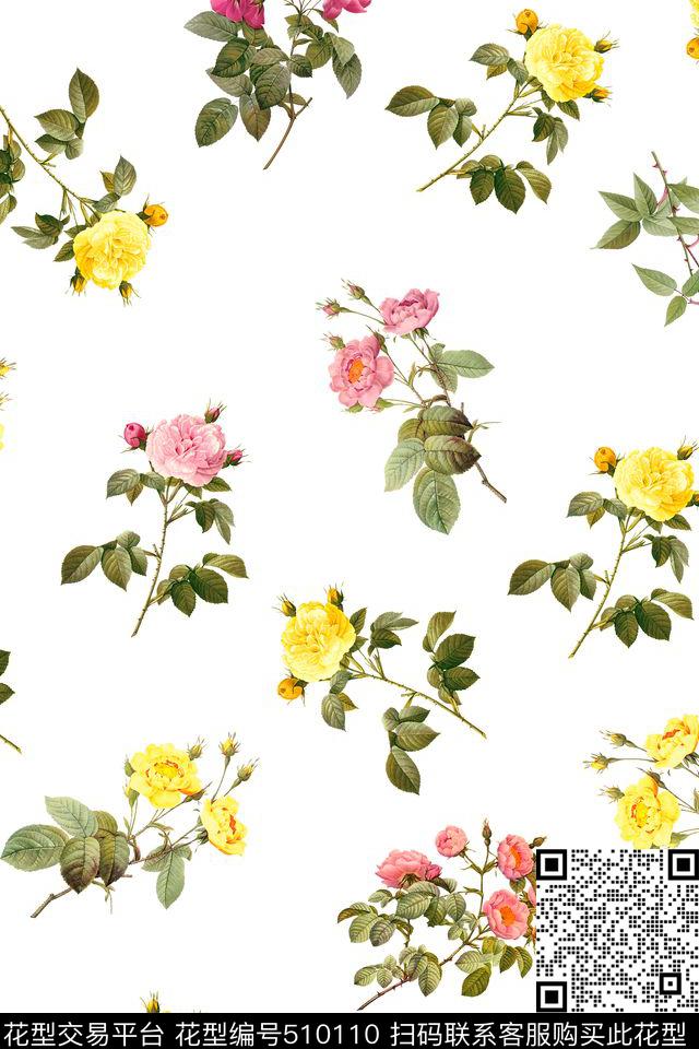 数码印花月季花卉花卉数码印花花型下载（图片编号: 510110） - 瓦栏（Walan）