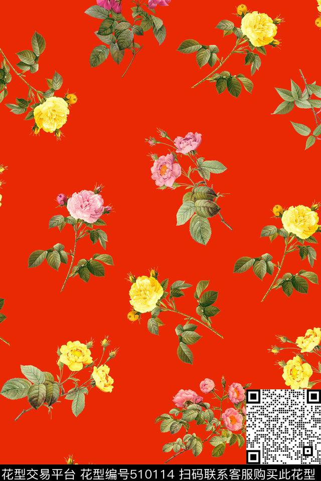 数码印花月季花卉花卉数码印花花型下载（图片编号: 510114） - 瓦栏（Walan）