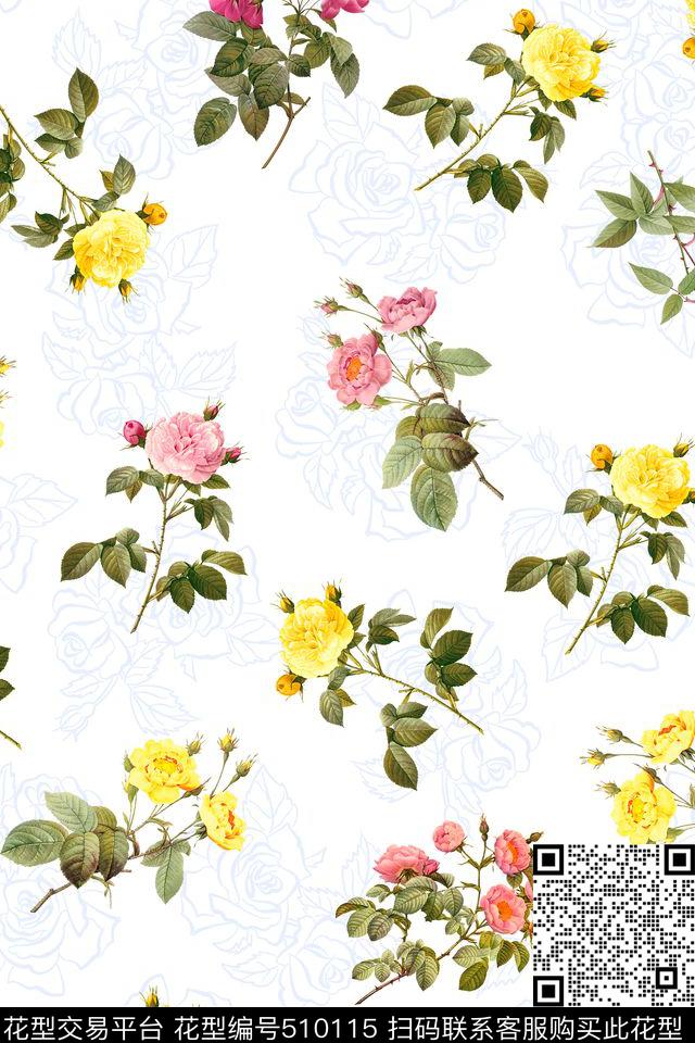 数码印花月季花卉花卉数码印花花型下载（图片编号: 510115） - 瓦栏（Walan）